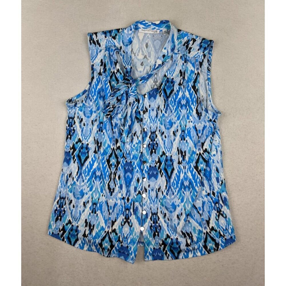 NOTATIONS - WOMEN'S BLUE PRINT SLEEVELESS BLOUSE - BOW DETAIL - SIZE PM